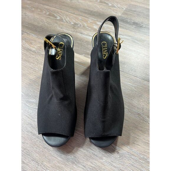 Chaps Womens Black Heeled Sandals Size 8.5B Canvas & Leather Upper Peep Toe Bloc - Picture 1 of 6